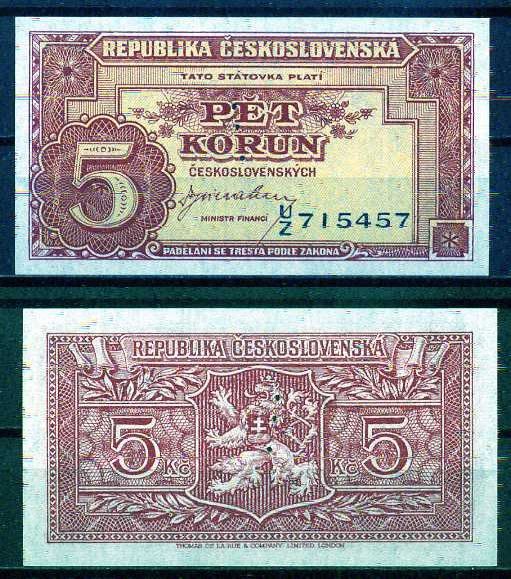 Чехословакия 5 крон ND (1945) перфорация. Образец, SPECIMEN. Pick 59 a бумага UNC (пресс) 2119-13-2-2