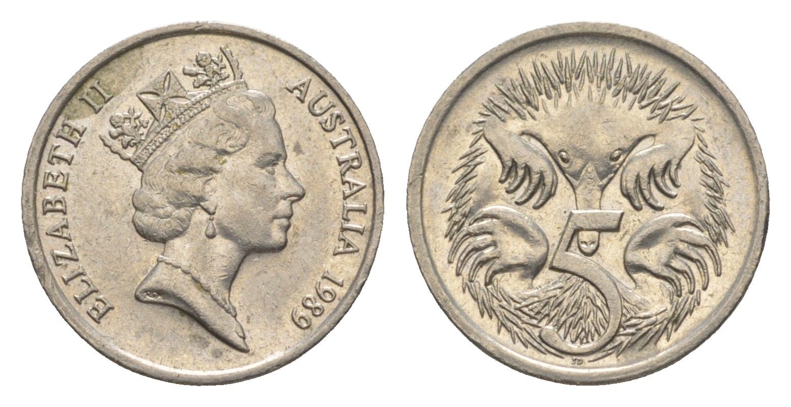 Австралия 5 центов 1989 Елизавета II (1952-2022), ехидна KM 80 медно-никель 4154-133
