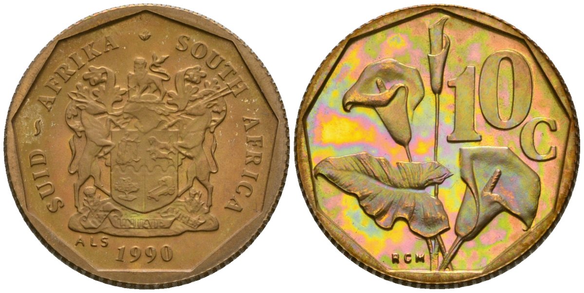 ЮАР 10 центов 1990 цветок KM 135 сталь плакированная латунью PROOF 00-000-00