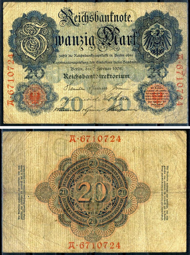 Германия 20 марок 1910 7 значный номер, серия A Pick 48 b бумага 8617-32-1-2