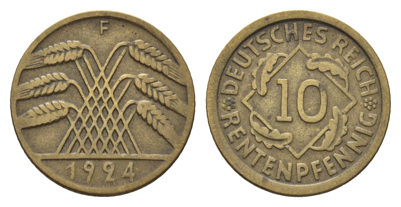 Германия 10 рентенпфеннигов 1924 F KM 33, J. 309, Weege 8 алюминиевая бронза 36-417