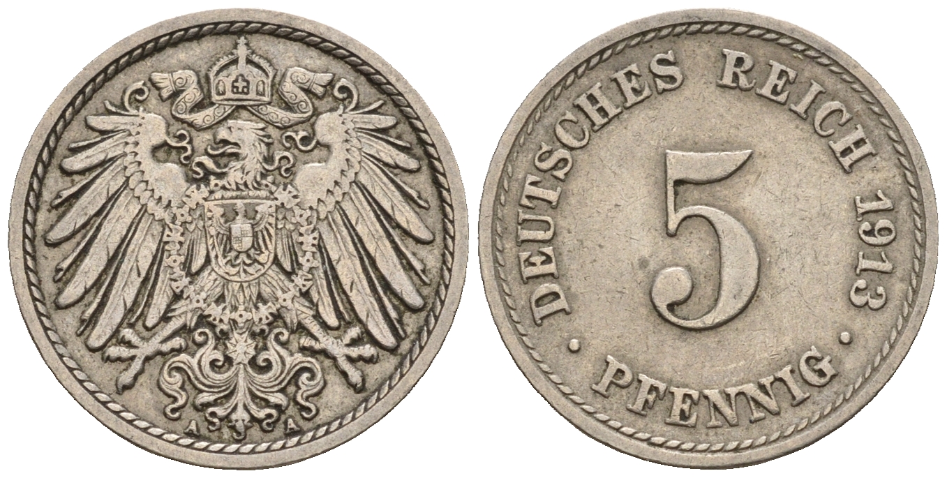 Германия 5 пфеннигов 1913 A, KM 11, J. 12 медно-никель 220-664