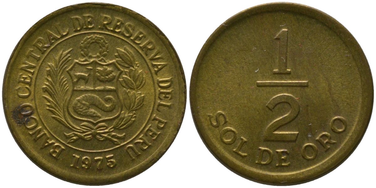 Перу 1/2 соль 1975 KM 265, Schon 65 латунь 4532-241