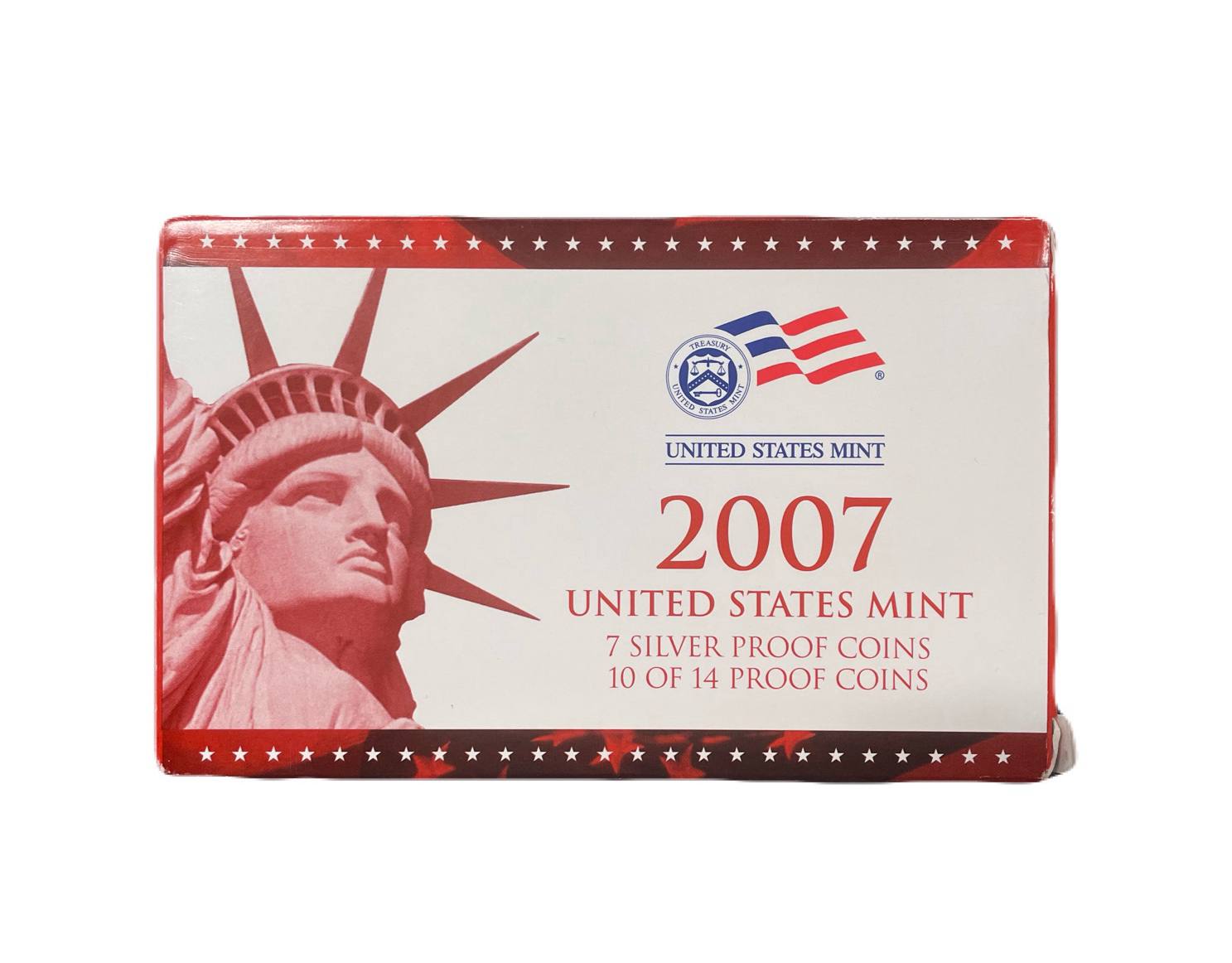 США полный годовой набор из 14 монет (1, 5, 10 (дайм) и 25 (квотер) центов; 1/2 (50 центов) и 1 доллар) 2007 в оригинальной упаковке с сертификатами KM 468, 381, 195a, A202b, 310, 396, 397, 398, 399, 400, 401, 402, 403 и 404 PROOF 5-4-1-18