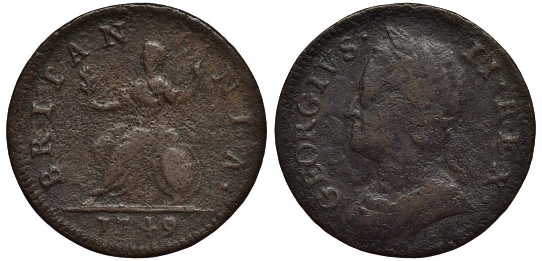 Великобритания 1 фартинг 1749 Георг II (1727-1760) KM 581.2, Spink 3722 медь 106-742