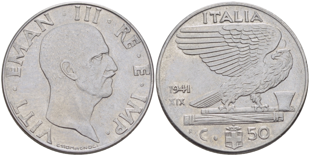 ИТАЛИЯ 50 ЧЕНТЕЗИМО 1941 ВИКТОР ИМАНУИЛ III, НЕ МАГНИТНАЯ KM 76b нержавеющая сталь 31-1047