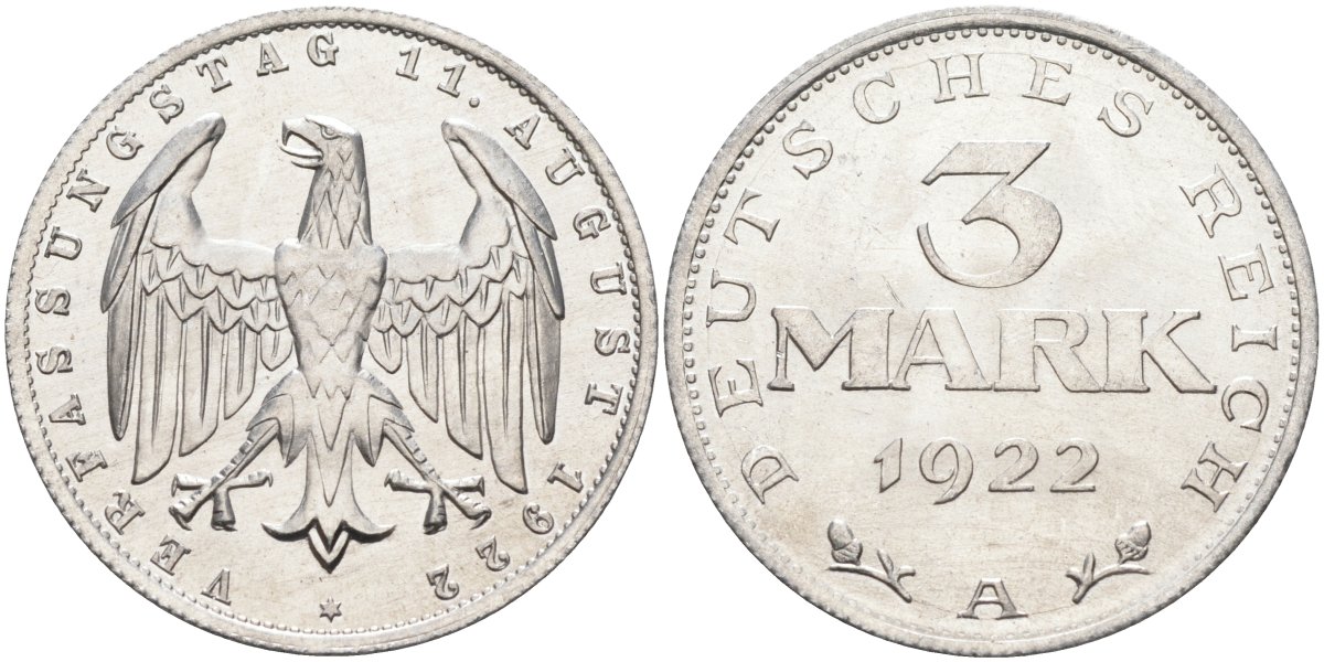 Германия 3 марки 1922 A, третья годовщина Веймарской Конституции KM 29, J.303 алюминий UNC 4587-224