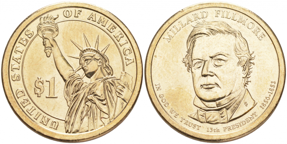 США 1 ДОЛЛАР 2010 P, СЕРИЯ ПРЕЗИДЕНТЫ США - МИЛЛАРД ФИЛЛМОР (1850-1853) KM 475 медь с марганцево-латунным покрытием UNC M31-11