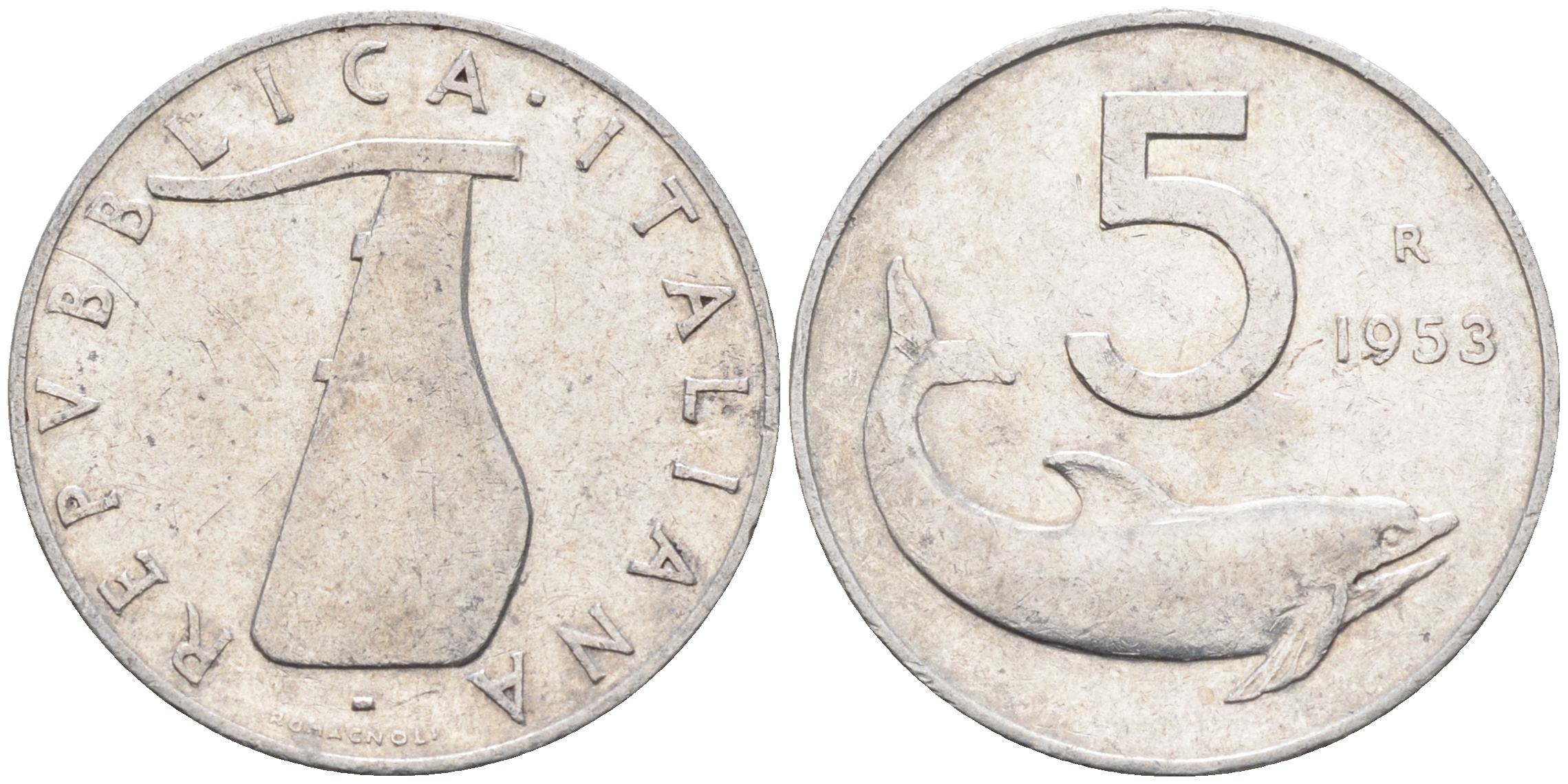 Италия 5 лир 1953 R, дельфин, плуг KM 92 алюминий 4594-1031