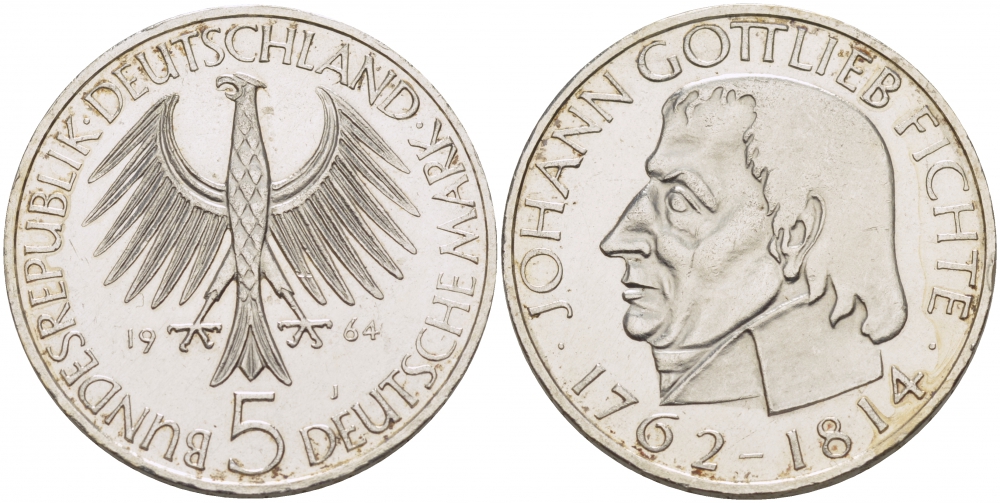 ФРГ 5 марок 1964 J, 150 лет со дня смерти Иоганна Готлиба Фихте J. 393, KM 118.1 серебро UNC 650-1222