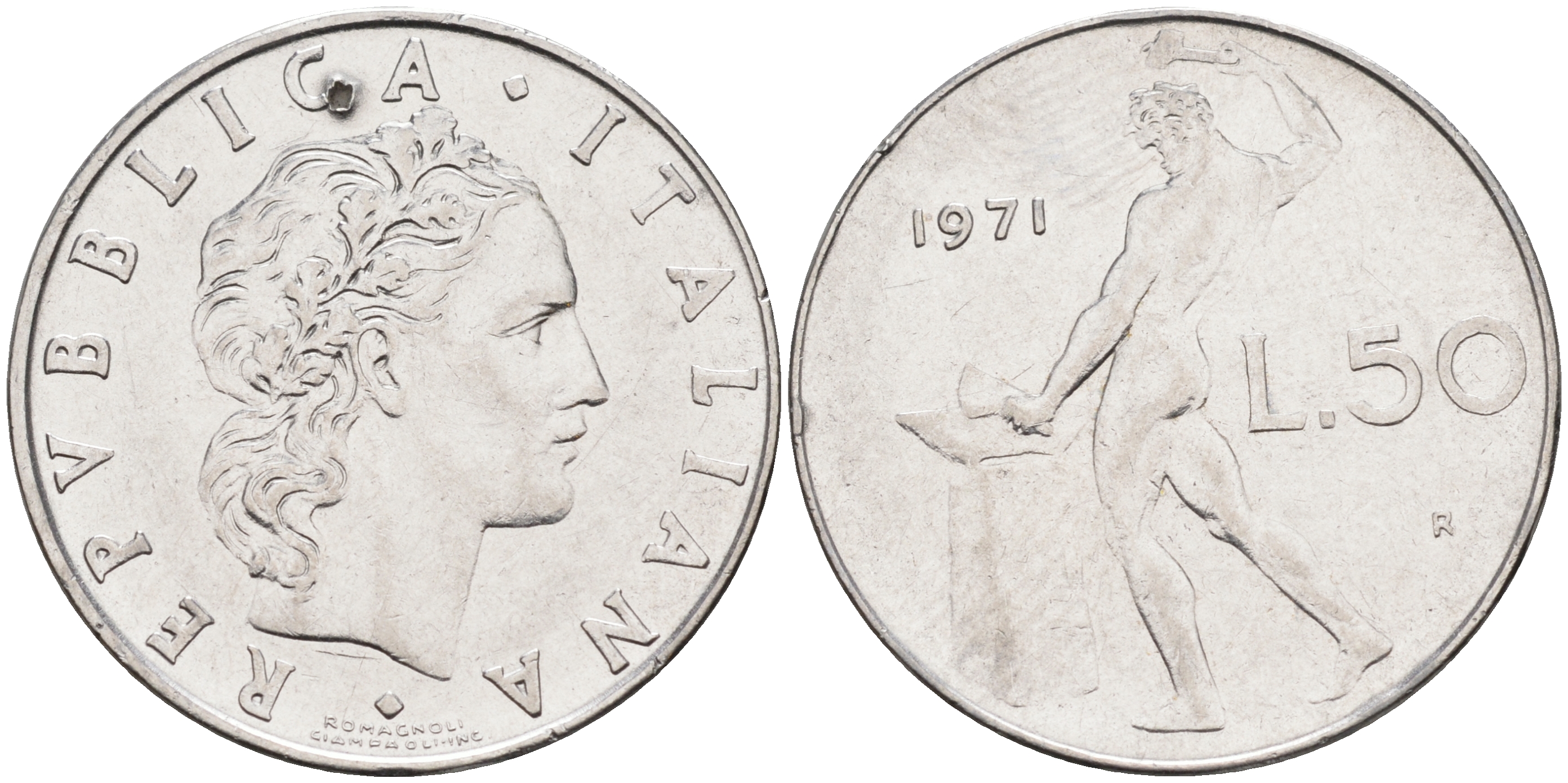 Италия 50 лир 1971 R, бог огня Вулкан у наковальни KM 95.1 нержавеющая сталь 4116-345