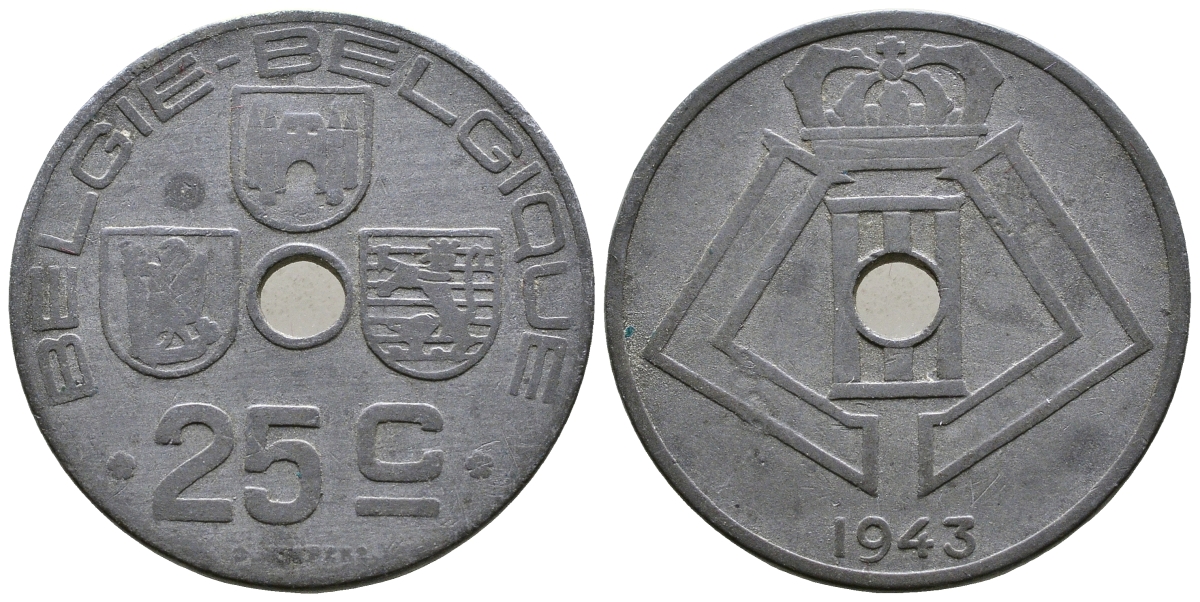 БЕЛЬГИЯ 25 САНТИМОВ 1943 BELGIE-BELGIQUE, ГЕРМАНСКАЯ ОККУПАЦИЯ, ВТОРАЯ МИРОВАЯ ВОЙНА KM 132 цинк 4379-121