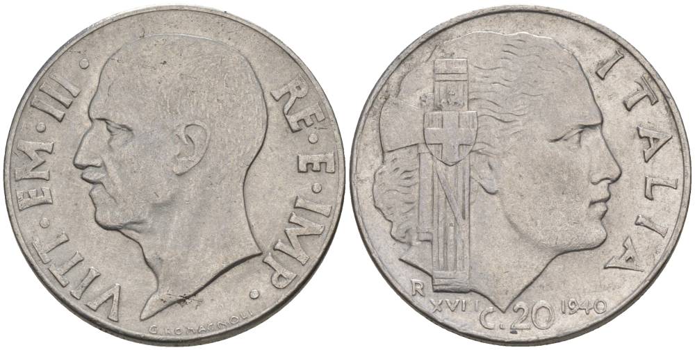 ИТАЛИЯ 20 ЧЕНТЕЗИМО 1940 R, ГОД XVIII, ВИКТОР ЭММАНУИЛ III (1900-1946), МАГНИТНАЯ, ГУРТ РИФЛЁНЫЙ KM 75b, VEM3. 1025 нержавеющая сталь 3853-521