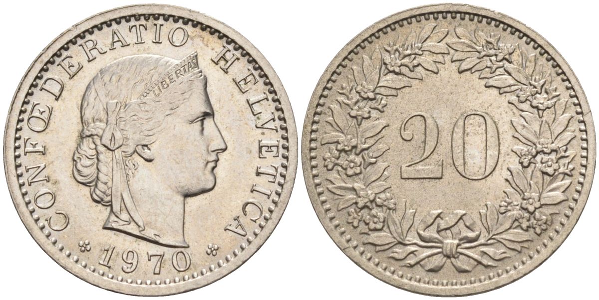 Швейцария 20 раппенов 1970 KM 29а медно-никель 4592-923