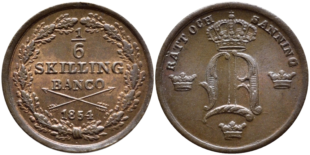 ШВЕЦИЯ 1/6 СКИЛЛИНГА 1854 ОСКАР I (1844-1859) KM 656 медь UNC 4396-224