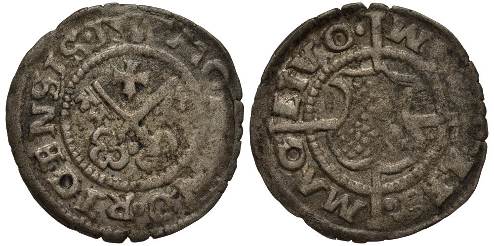 Рига 1 шиллинг (шеляг) 1533 Вальтер фон Плеттенберг (1494-1535), вес 1,07 гр. Neumann 231, Haljak 18 серебро 1516-843