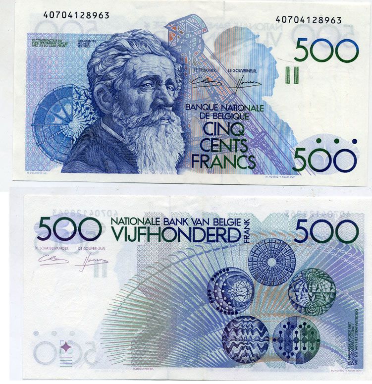Бельгия 500 франков ND (1982-1998) Константин Менье, подписи Lakiere, Godeaux Pick 143 a (4) бумага 444-82-2-1
