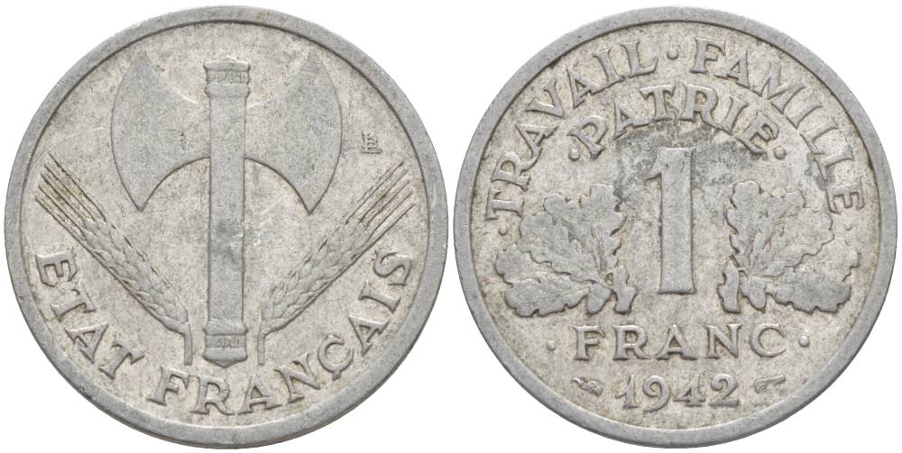 ФРАНЦИЯ 1 ФРАНК 1942 LB, ТИП LOURDЕ, ПРАВИТЕЛЬСТВО ВИШИ KM 902.1, LE FRANC 222.2 алюминий 4551-631
