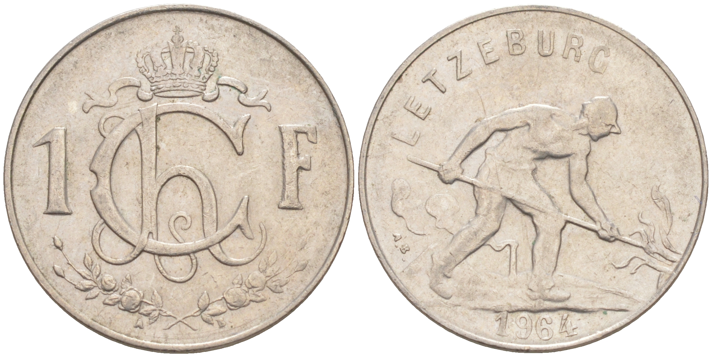 ЛЮКСЕМБУРГ 1 ФРАНК 1964 СТАЛЕВАР KM 46.2 медно-никель 212-1121