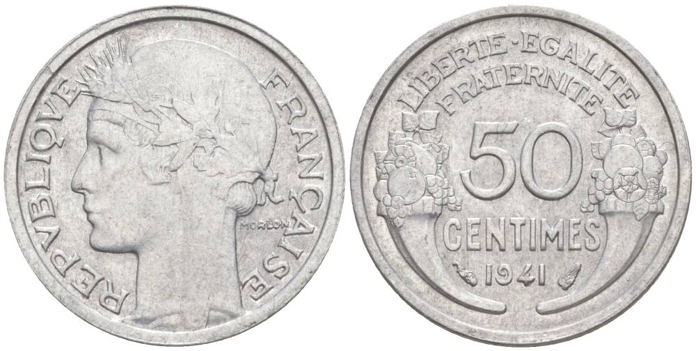 ФРАНЦИЯ 50 САНТИМОВ 1941 ТИП MORLON LOURDE KM 894.1a, LE FRANC 193.2 алюминий 44-323
