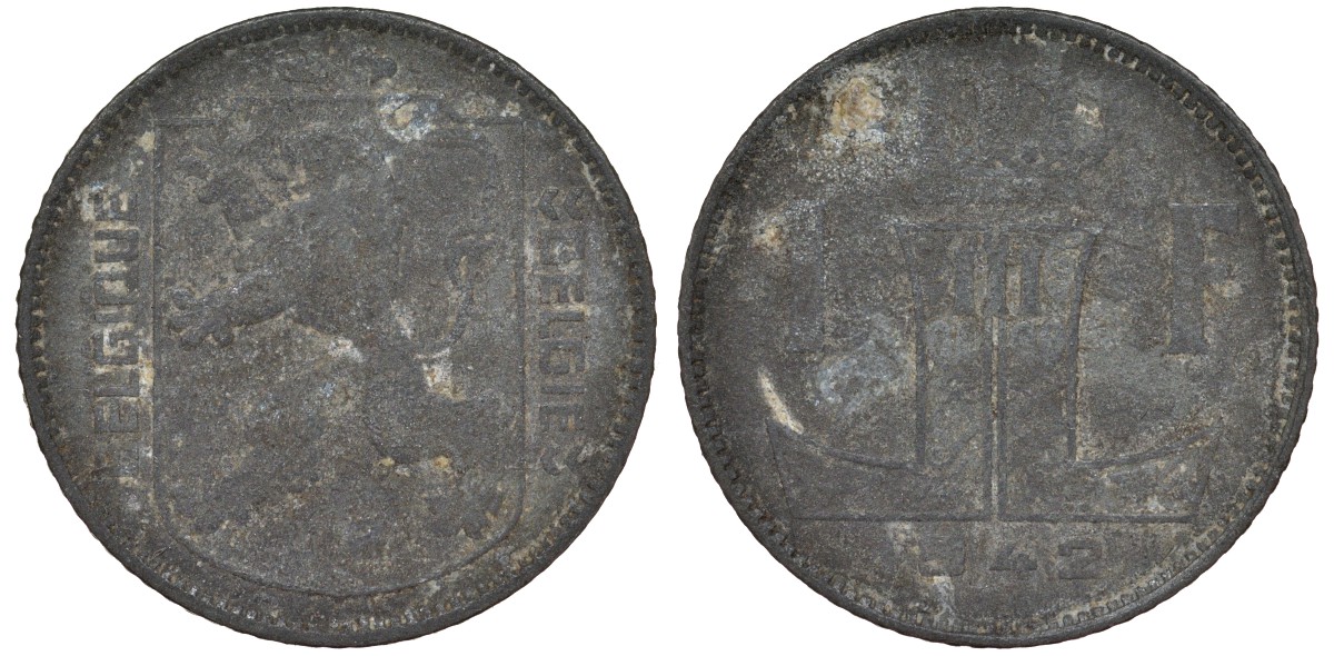 Бельгия 1 франк 1942 Леопольд III, Belgique-Belgie KM 127 цинк 4163-145