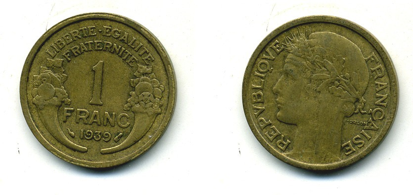 Франция 1 франк 1939 тип Морлон KM 885, LE FRANC 219.10 алюминиевая бронза 84-434