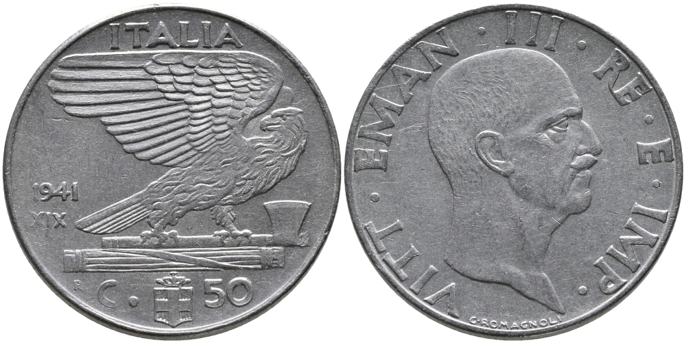 ИТАЛИЯ 50 ЧЕНТЕЗИМО 1941 R, ВИКТОР ИМАНУИЛ, XIX ГОД, МАГНИТНАЯ KM 76b нержавеющая сталь 89-425