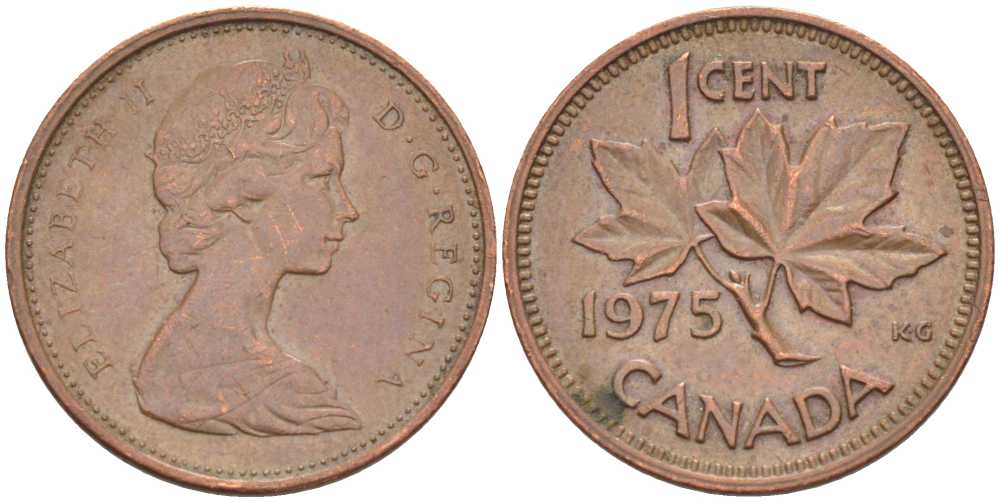 Канада 1 цент 1975 Елизавета II (1952-2022), кленовый лист KM 59.1 бронза 54-437