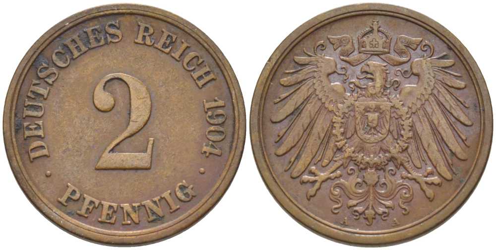 ГЕРМАНИЯ 2 ПФЕННИГА 1904 A KM 16, J. 11, Weege 4 медь 206-467