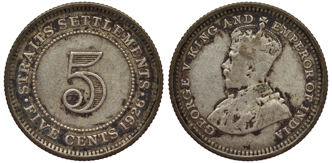 Стрейтс-Сетлментс 5 центов 1926 Георг V (1910-1936) КМ 36 серебро 53-523