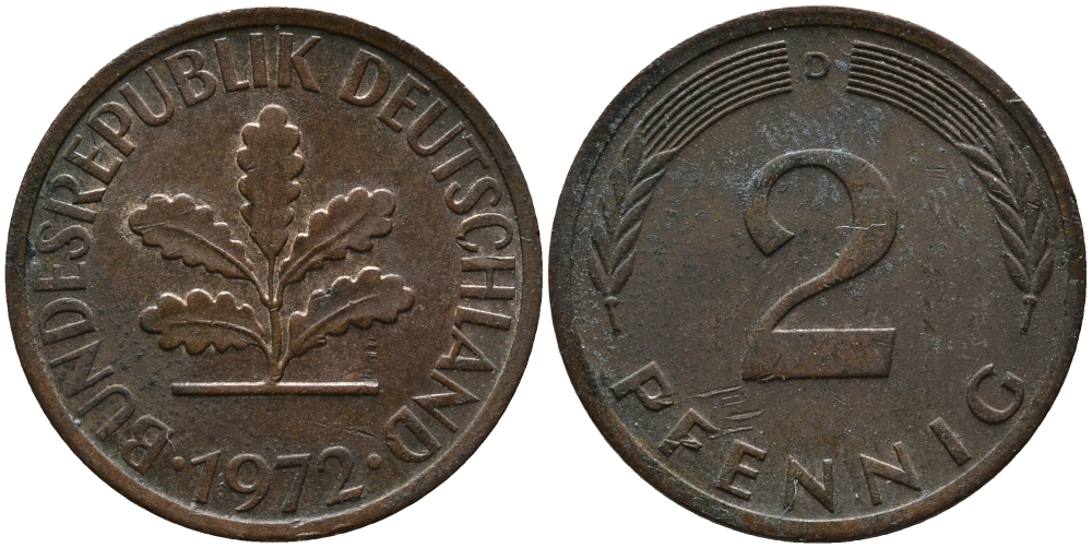 ФРГ 2 пфеннига 1972 D KM 106а, J.381а сталь плакированная медью 99-216