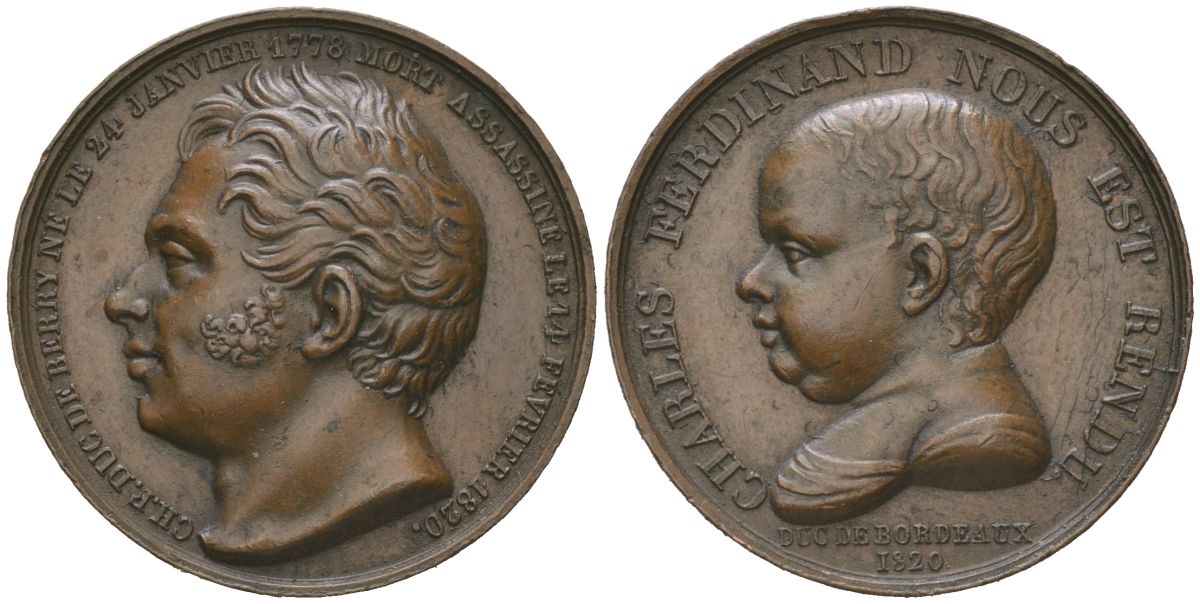 Франция медаль в память о смерти Шарля-Фердинанда, герцога Беррийского 1820 на аверсе - младенческий бюст герцога, на реверсе - зрелый бюст герцогавес, медальер (без подписи) Раймон Гайрар, 15,67 гр, диаметр 29 мм бронза UNC 4044-134