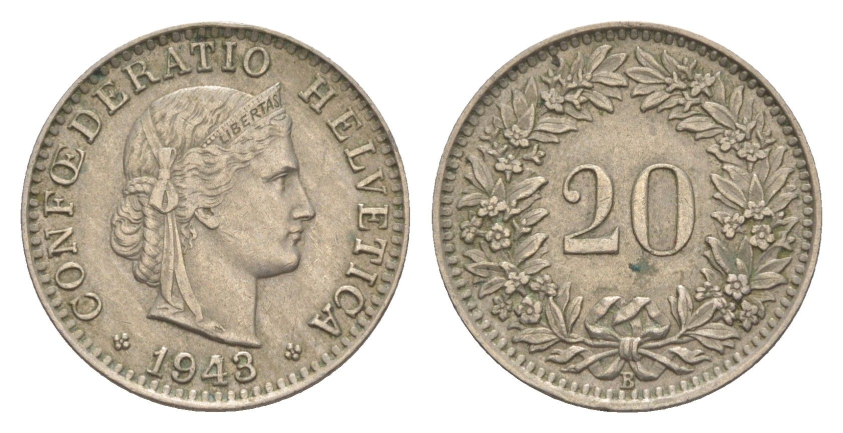 Швейцария 20 раппенов 1943 B KM 29a медно-никель 4625-1014