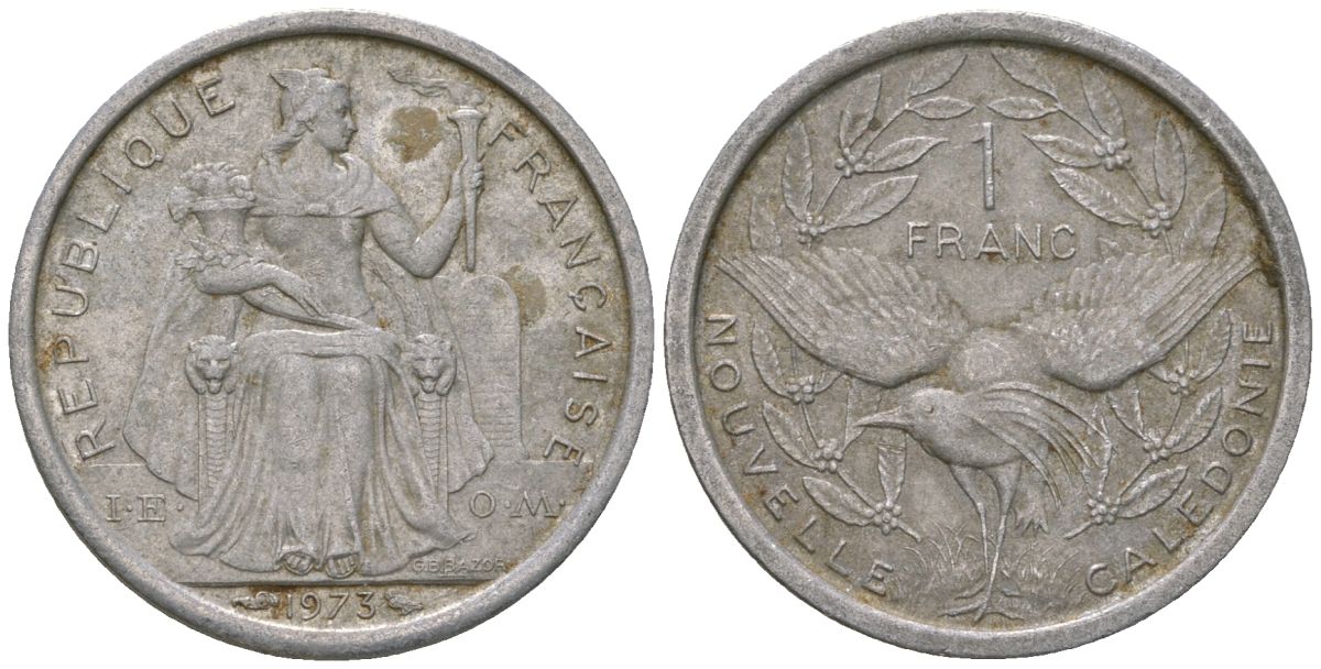Французская Новая Каледония 1 франк 1973 птица кагу, (IEOM) KM 10, Schoen 10, Lec 39 алюминий    51-756