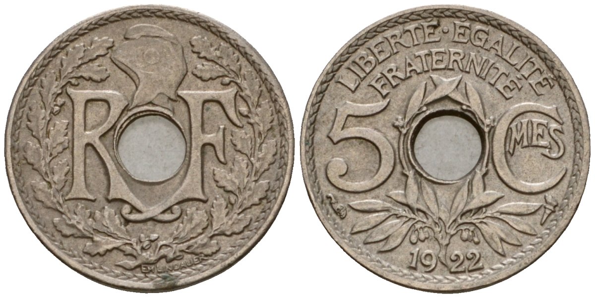 Франция 5 сантимов 1922 KM 875 медно-никель 4602-157