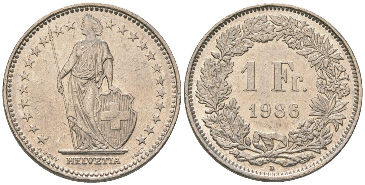 Швейцария 1 франк 1986 KM 24a медно-никель 4606-1234