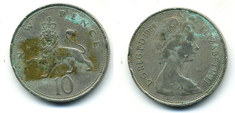 Великобритания 10 пенсов 1968 Елизавета II (1952-2022) KM 912, Spink 4231 (F1) медно-никель  4110-1121