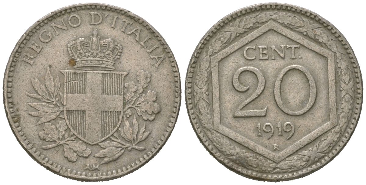 Италия 20 чентезимо 1919 R, Виктор Эммануил III (1900-1946) KM 58 медно-никель 4615-629