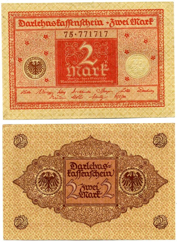 ГЕРМАНИЯ 2 МАРКИ 1920 1 МАРТА 1920, ВЕЙМАРСКАЯ РЕСПУБЛИКА, КРАСНАЯ, СЕРИЯ 75 Pick 59, Rosenberg 65b бумага 7523-1-2-1