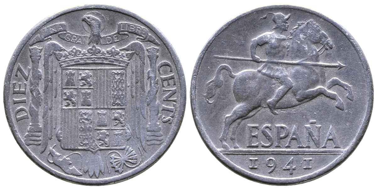 ИСПАНИЯ 10 СЕНТИМО 1941 PLUS, РЫЦАРЬ НА КОНЕ KM 766 алюминий 4385-1055