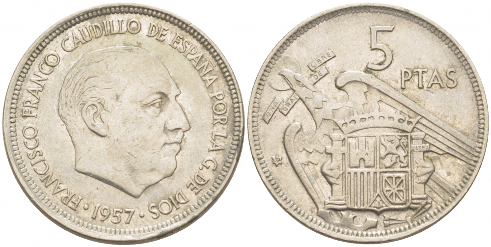 ИСПАНИЯ 5 ПЕСЕТ 1957 (59) ФРАНСИСКО ФРАНКО ДИКТАТОР ИСПАНИИ (1939-1975) KM 786 медно-никель 87-1524