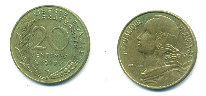 ФРАНЦИЯ 20 САНТИМОВ 1977 ТИП MARIANNE KM 930, LE FRANC 156.17 алюминиевая бронза 25-141