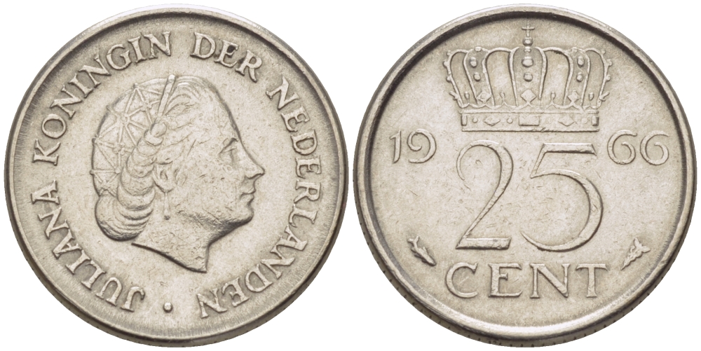 Нидерланды 25 центов 1966 Юлиана (1949-1980) KM 183 никель 3458-227