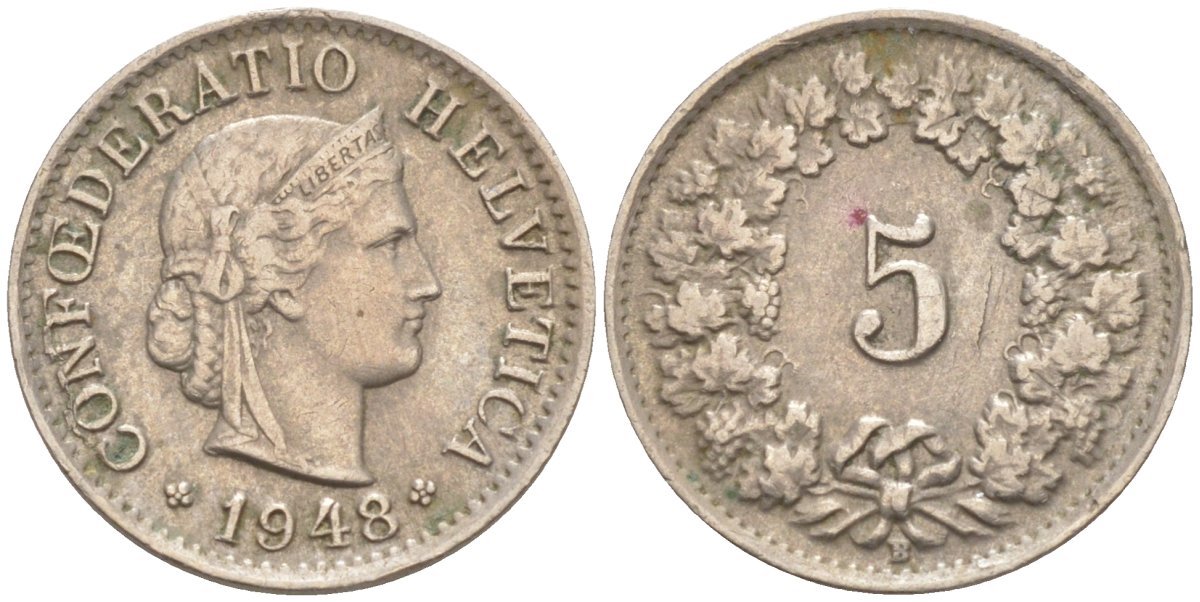 Швейцария 5 раппенов 1948 В KM 26 медно-никель 187-348