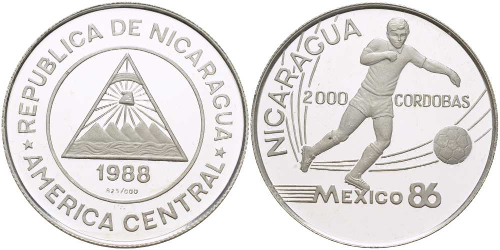 Никарагуа 2000 кордоба 1988 чемпионат мира по футболу в Мексике 1986 года KM 65 серебро PROOF 00-00