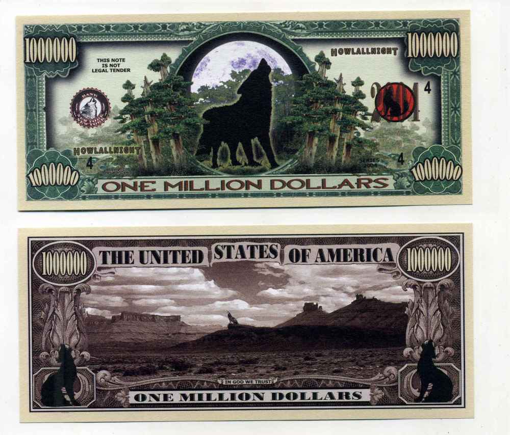 США 1000000 ДОЛЛАРОВ 2004 СУВЕНИРНАЯ БАНКНОТА, ВОЛКИ ВОЮТ НА ЛУНУ бумага UNC (ПРЕСС) 8588-20-4-2