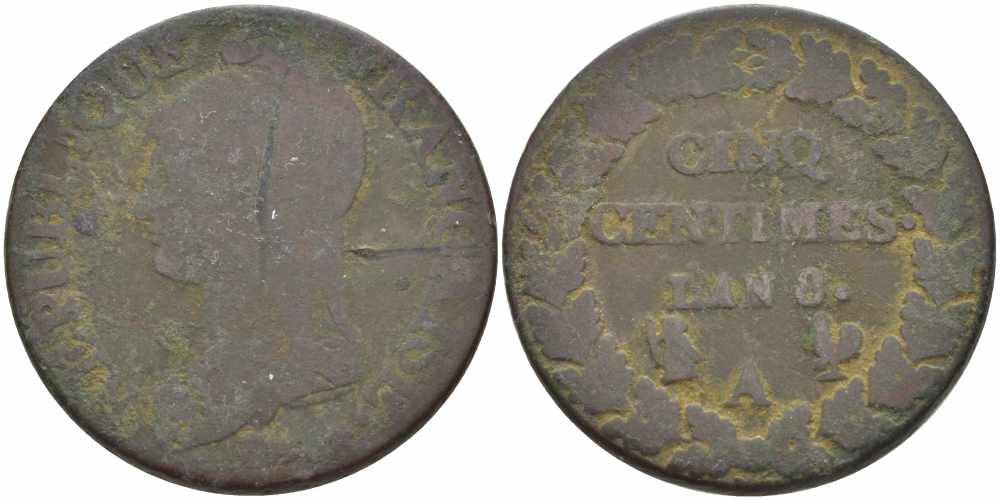 ФРАНЦИЯ 5 САНТИМОВ 1799 А, КОНСУЛАТ (1799-1803) LAN 8 KM 640.1 (C 135.1), LE FRANC 115.40 бронза 38-912