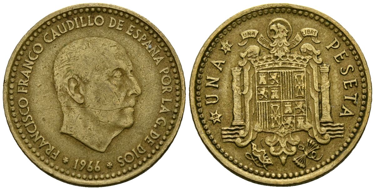 Испания 1 песета 1966 (69) Франсиско Франко (1939-1975) KM 796 алюминиевая бронза 4138-1026