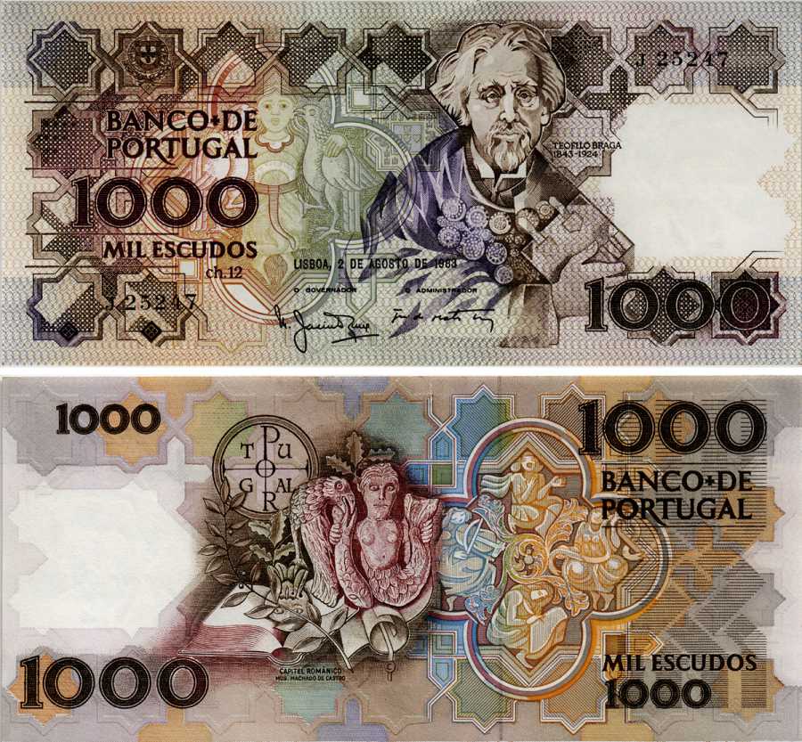 ПОРТУГАЛИЯ 1000 ЭСКУДО 1983 2 АВГУСТА 1983, ТЕОФИЛ БРАГА, МУЗЕЙНЫЙ АРТЕФАКТЫ Pick 181а бумага аUNC 6281-31-3-2
