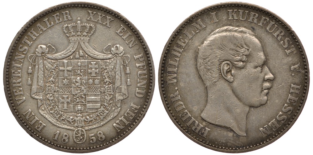 Гессен-Кассель 1 талер 1858 Фридрих Вильгельм I (1847-1866) КМ 621.2, Jaeger 48 b, T. 190, AKS 62, K. 257 серебро 00-000-00